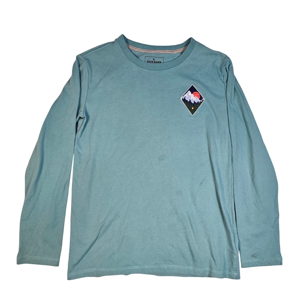 Eddie Bauer Kids Blue Long Sleeve‎ Mountain Graphic Patch Tee Shirt Size L 14